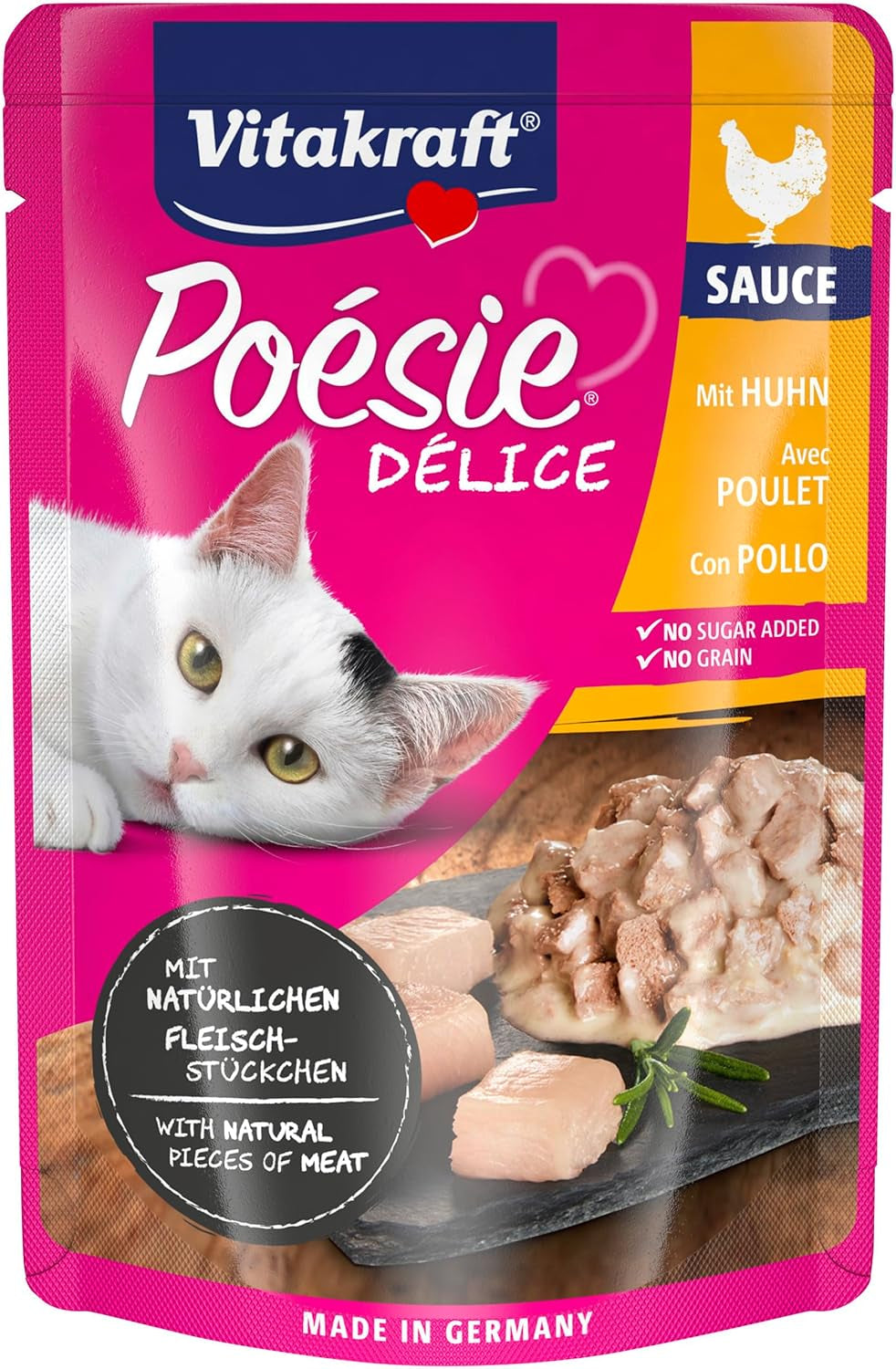 Vitakraft Poésie Délice, Nassfutter Katze, Katzennassfutter in Sauce, mit Huhn, Vorratspackung, ohne Zusatz von Zucker und Getreide (23x 85g)