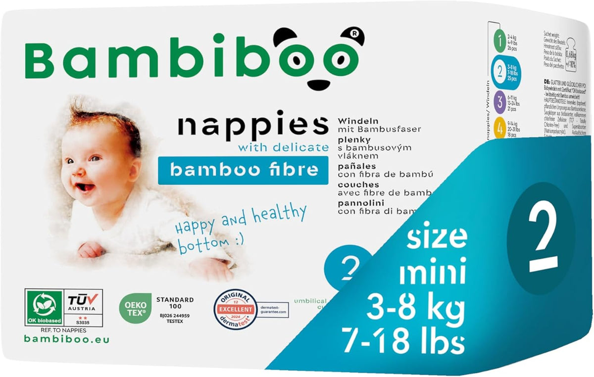 Bambiboo Mini Pannolini Usa E Getta Delicati sulla Pelle con Morbida Apertura Ombelicale in Fibra di Bambù - Pannolini per Neonati - Pannolini Usa e Getta per Neonati - Protezione della Pelle - Taglia 2, 25 pz