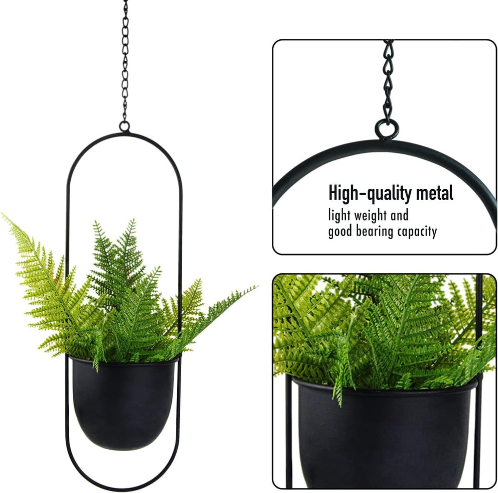 Ghivece metalice suspendate, 2 bucăți, negre, ovale, geometrice, cuier pentru plante cu ghiveci, jardinieră modernă de perete și tavan pentru interior și exterior, ghiveci de 15,2 cm, 2 bucăți