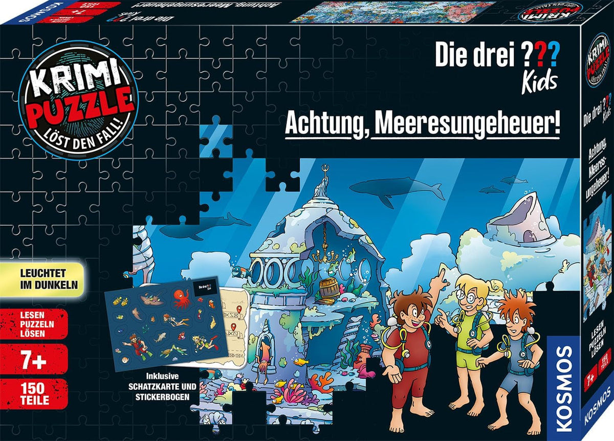 Die Drei ??? Kids - Crime puzzle - Atenție, monstru marin De la KOSMOS 680664, 150 piese, Strălucește în întuneric, Lectură, puzzle-uri, rezolvarea puzzle-urilor, puzzle detectiv pentru copii cu vârsta de peste 7 ani Puzzle Naty Shop Titlu implicit