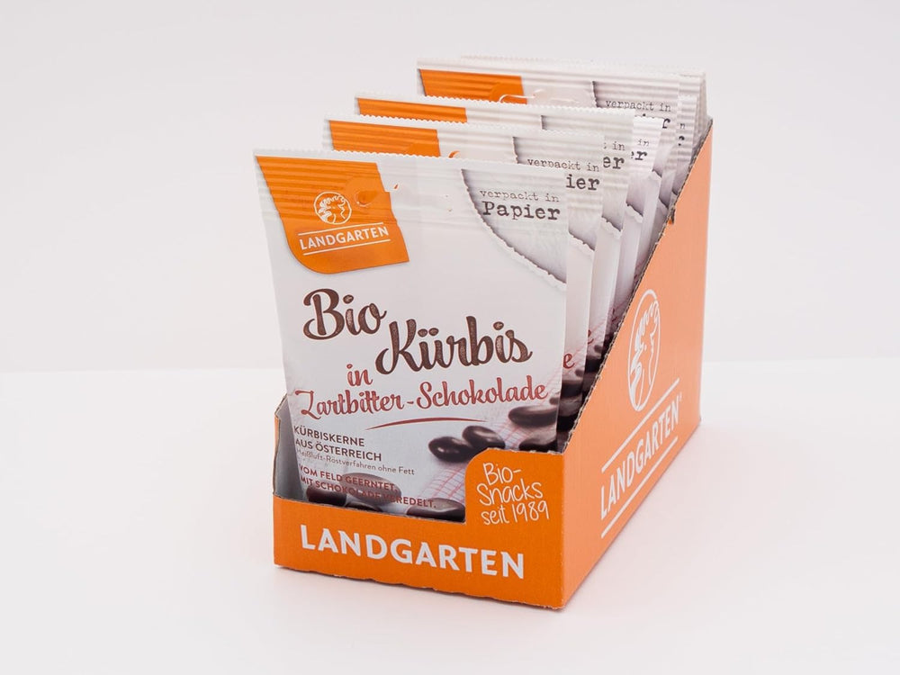 Landgarten Semi di zucca biologici al cioccolato fondente - Snack vegano al cioccolato con semi di zucca tostati - Fonte di magnesio - 1 x 50 g