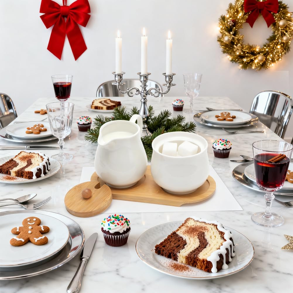 Milch und Zucker Set mit Deckel und Löffel, 5-teilig Keramik Milchkännchen und Zuckerdose mit Holz Tablet,Milch- & Zuckerbehälter für Küche Kaffee Mikrowellen- und Spülmaschinenfest (Weiß)
