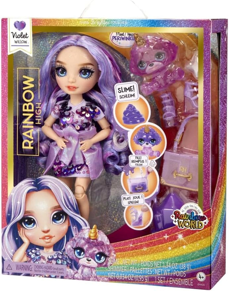 Păpușă Rainbow High Fashion cu Slime și Animal de Companie - Violet (Mov) - Păpușă Sclipitoare de 28 cm cu Slime Sclipitor, Animal de Companie Magic și Accesorii de Modă - Jucărie pentru Copii - Ideală pentru 4-12 Ani