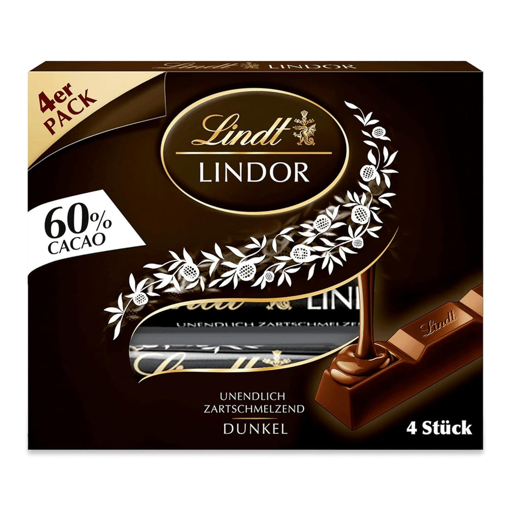 Cioccolata Lindt | Bastoncini LINDOR Cacao 60% | 100 g| 4 tavolette di cioccolato con cioccolato fondente 60% cacao e ripieno scioglievole in bocca | Barretta di cioccolato