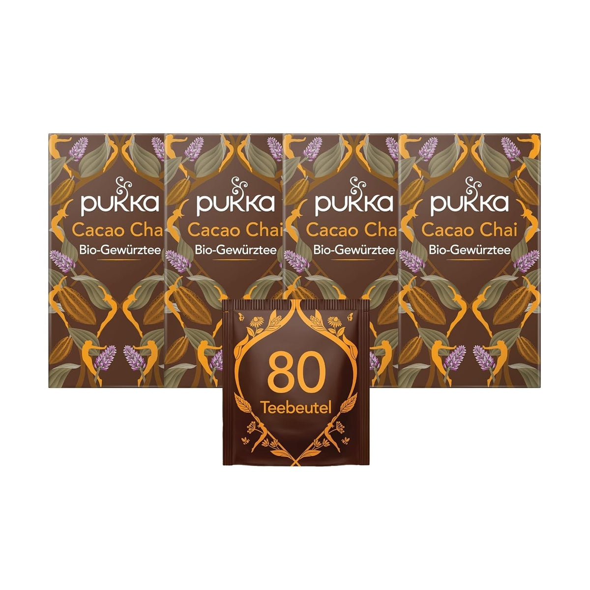 Set de ceai Pukka, ceai cu condimente bio „Cacao Chai”, cacao, scorțișoară, cardamom, rădăcină de cicoare, pentru momente de relaxare, pachet de 4, 80 pliculețe de ceai