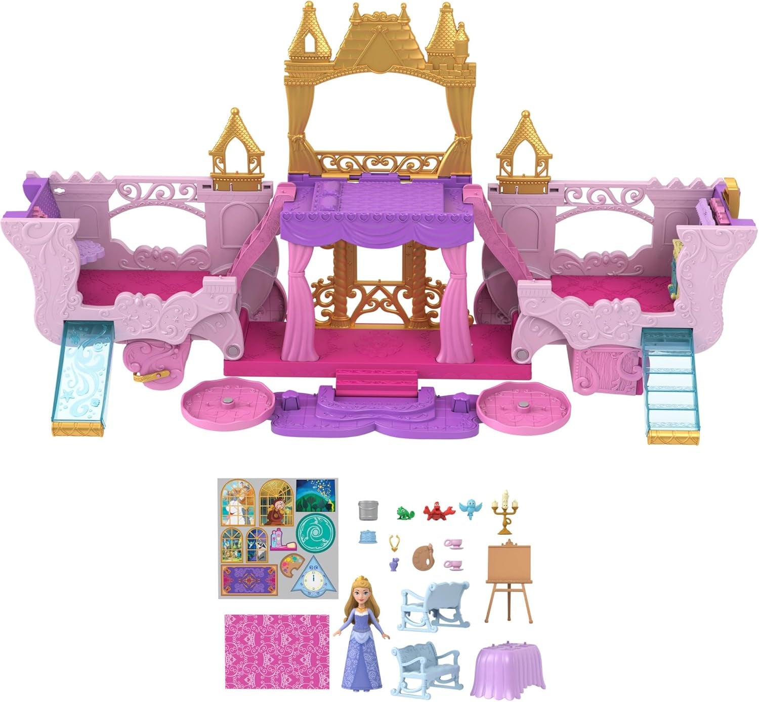 Mattel Disney Princess Transformation Playset Carriage to Castle cu păpușă mică Aurora, 3 niveluri, 6 zone de joacă, 4 figurine, mobilier și accesorii HWX17