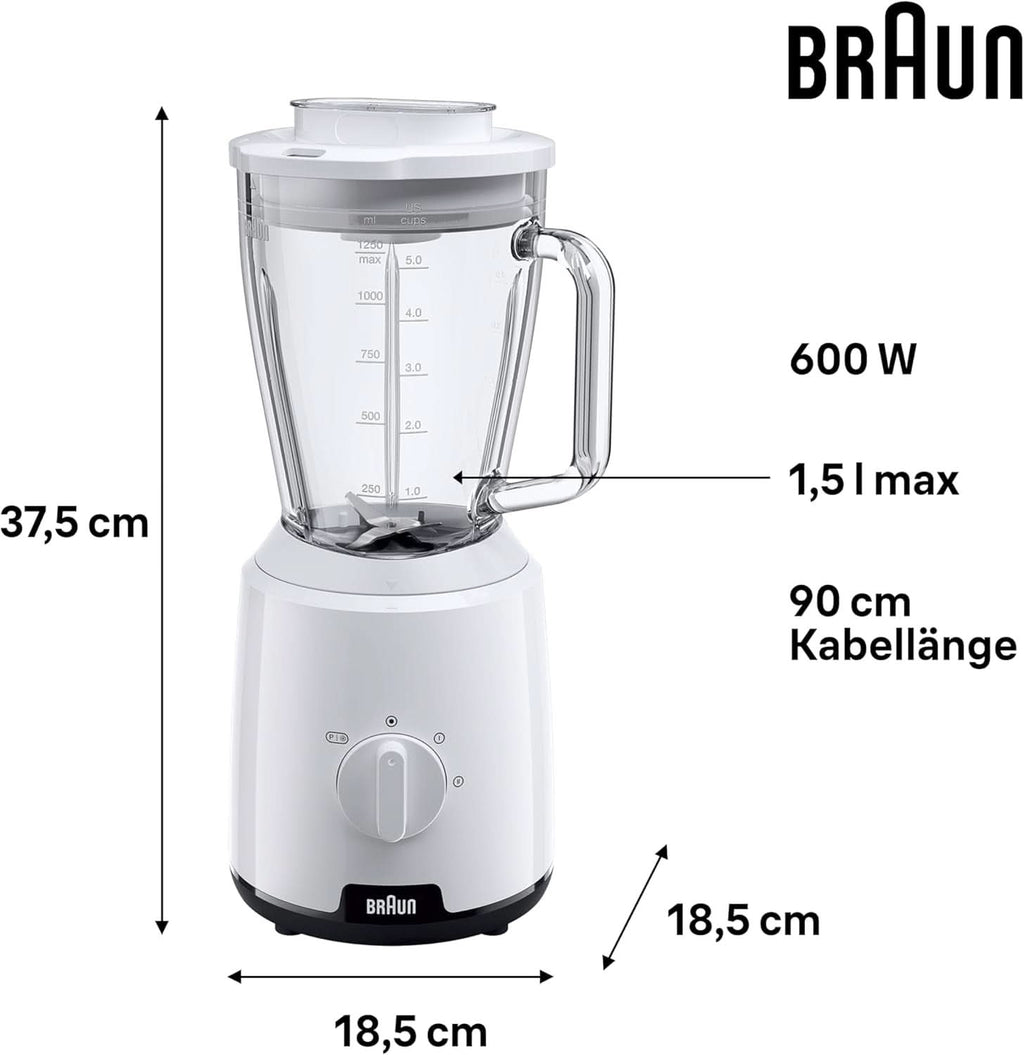 Braun Powerblend 1 JB1050WH - Standmixer Mit 1,5 L Glas-Mixaufsatz, Küchenhelfer Zum Zerkleinern, Pürieren & Mixen, Ice-Crush-Funktion, 2 Geschwindigkeiten, 600 Watt, Weiß Bucatarie Naty Shop