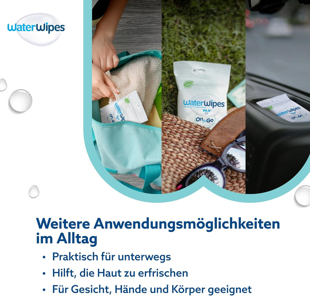 Salviettine umidificate WaterWipes Sensitive+ On The Go, 100 salviette (confezione da 10), 3 in 1 pulisce, cura, protegge, 99,9% acqua, salviette senza profumo