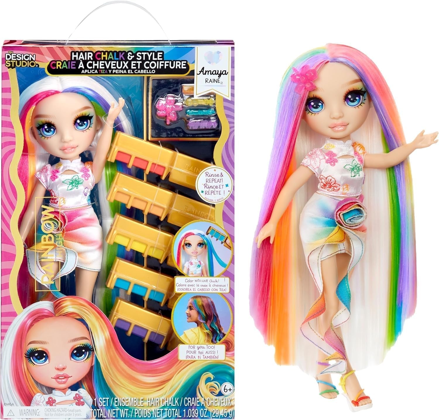 Rainbow High Hair Chalk & Style Doll - Meline - 28 cm Puppe in Regenbogen- und Goldfarben, Auswaschbare Haarkreide, Färben, Stylen, Spielen, Ausspülen & Wiederholen, für Kinder von 4 bis 12 Jahre
