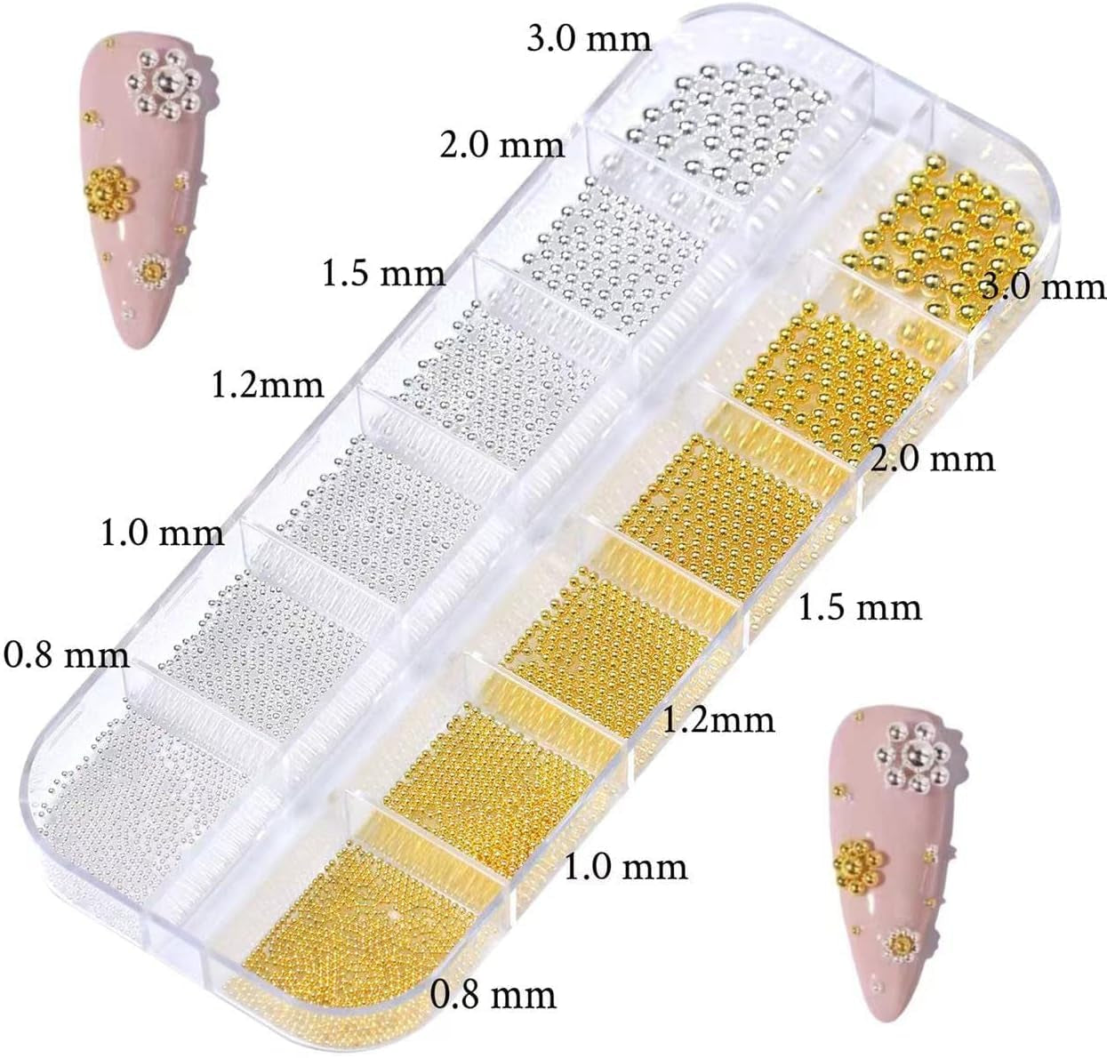 GZMAYUEN Nailart Perlen Micro Kaviar Für Nägel, 0.3-3Mm Goldene Silber Mini Kaviar Strasssteine, Weiß Beige Mini Nägel Perlen Mikroperlen Dekor Für Nägel