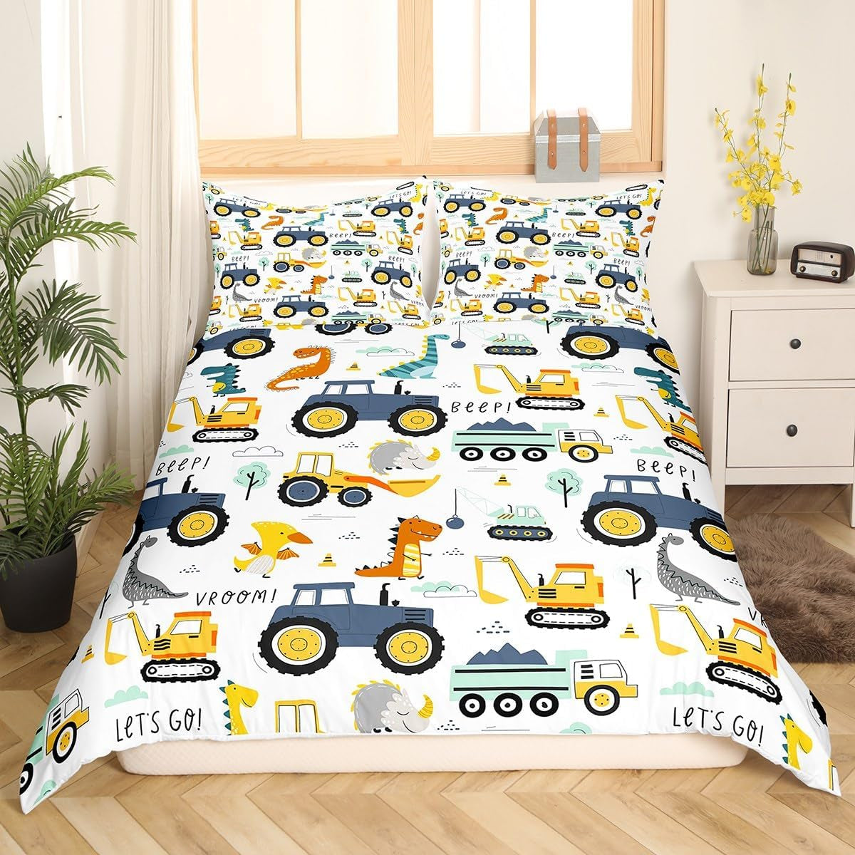 Jungen Cartoon Car Set biancheria da letto 135X200,Kinder Bau Fahrzeuge Tröster Abdeckung Für Kind Kleinkind Teens,Dinosaurier Bettbezug,Traktor Maschinerie Bagger Bettdecke Abdeckung,Lkw Autos Bettdecke Naty Shop