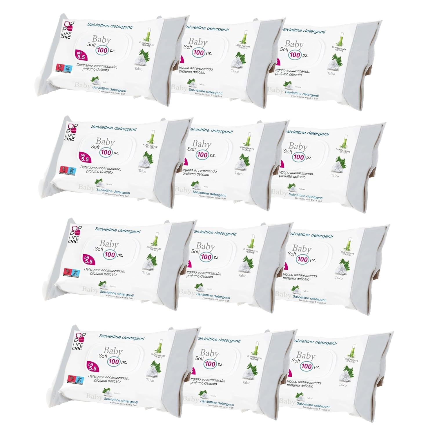 Salviette per neonati con talco per pelli sensibili, senza alcool, delicate sulla pelle, pH 5,5, leggermente profumate, 1200 unità (confezione da 12)