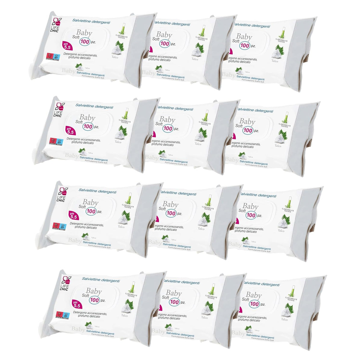 Salviette per neonati con talco per pelli sensibili, senza alcool, delicate sulla pelle, pH 5,5, leggermente profumate, 1200 unità (confezione da 12)