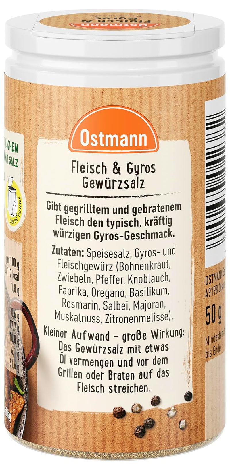 Ostmann Gewürze - Fleisch & Gyros Gewürzsalz | Pikantes Gewürz mit mediterraner Note für gegrilltes und gebratenes Fleisch | Mit praktischem Streuaufsatz | 50 g in un colino