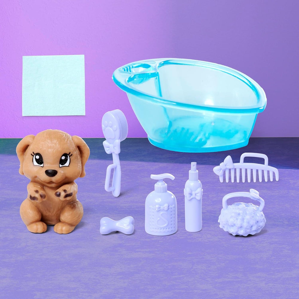 Simba Evi Love Dog Bath, Spielpuppe mit Hund, der Schmutz an seinen Pfoten hat, inkl. Badewanne und Handtuch, 8 Teile, Zubehör, 12cm, ab 3 Jahren