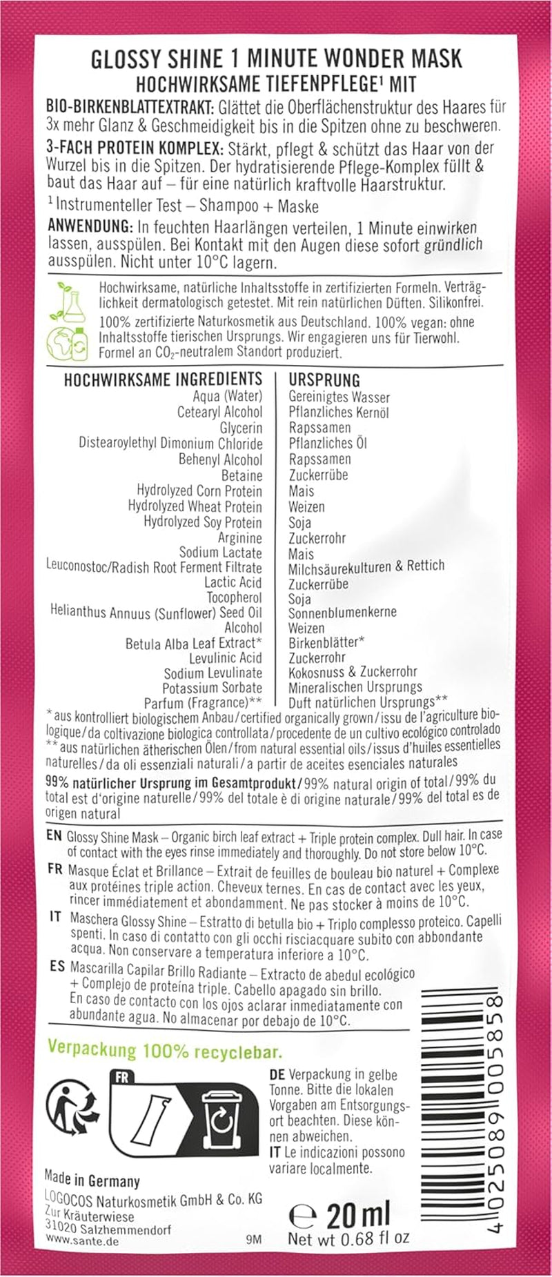 SANTE Naturkosmetik Glossy Shine 1 Min Wonder Mask, îngrijire profundă pentru părul tern cu extract organic de frunze de mesteacăn și complex de proteine de 3 ori, pentru 3x mai multă strălucire și suplețe, vegan, 20ml Masca de par Naty Shop