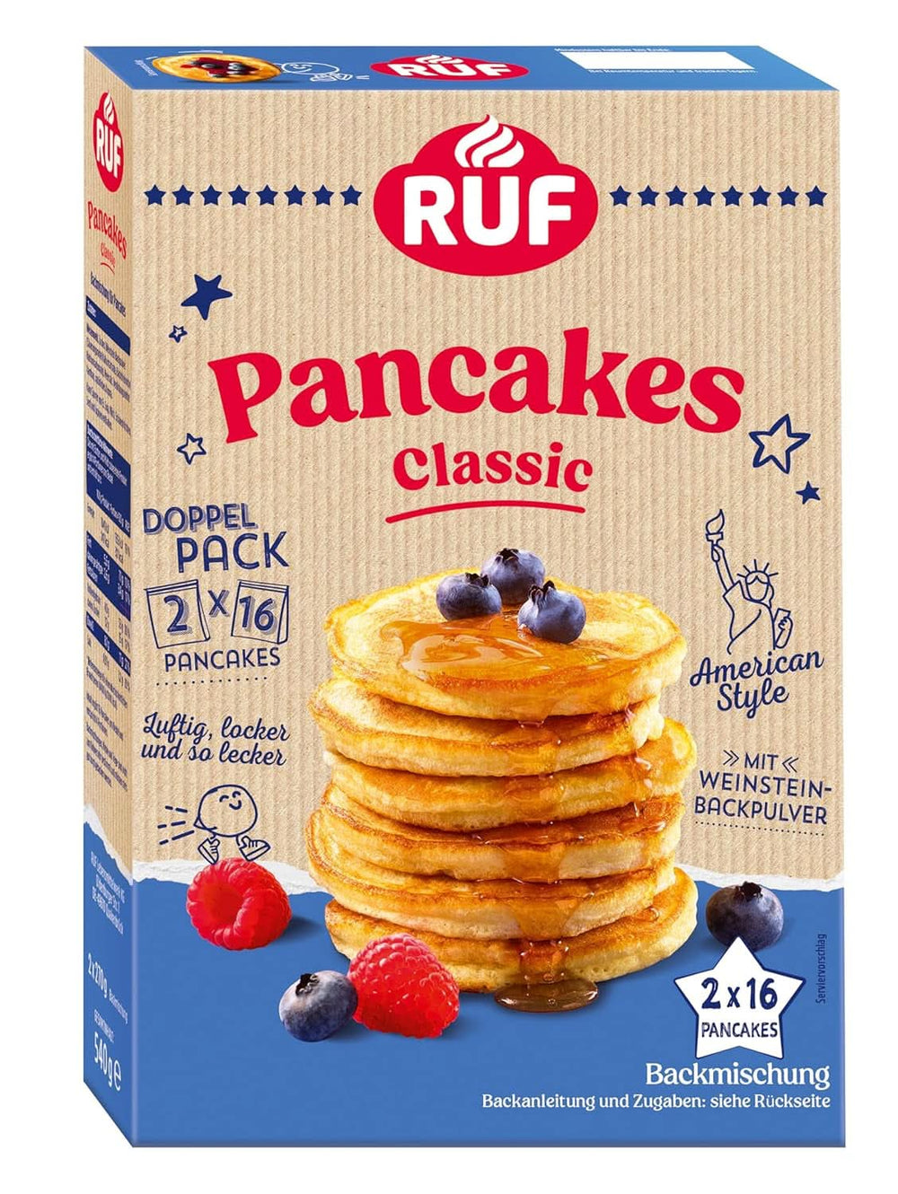 RUF Classic Pancakes Stile Americano Fluffy Pancake Preparato per Cottura 540 Grammi Naty Shop Kitchen 2 X 270 Gram Pancakes