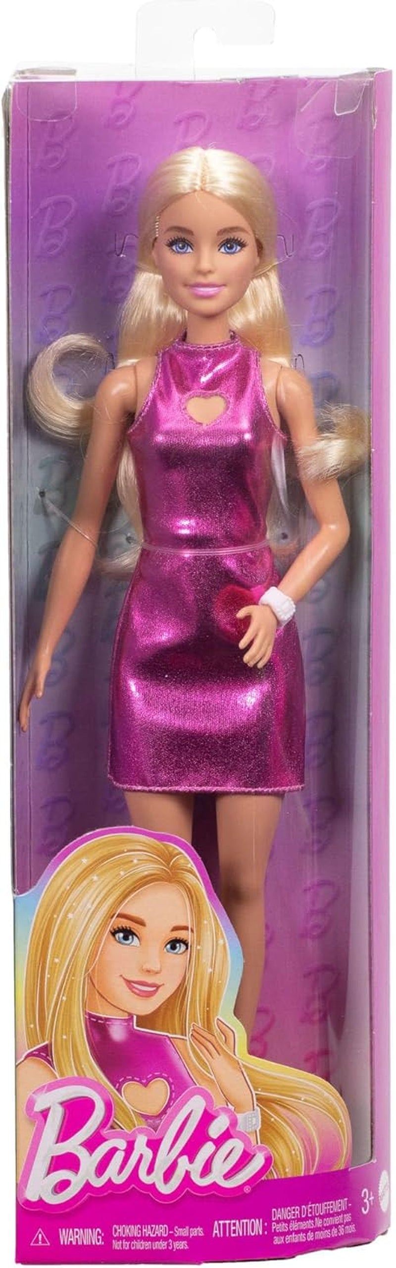 Păpușa Barbie Fashionistas nr. 230 cu păr blond, rochie mini metalică roz cu decupaj în formă de inimă, brățară albă și tocuri înalte, HYT88