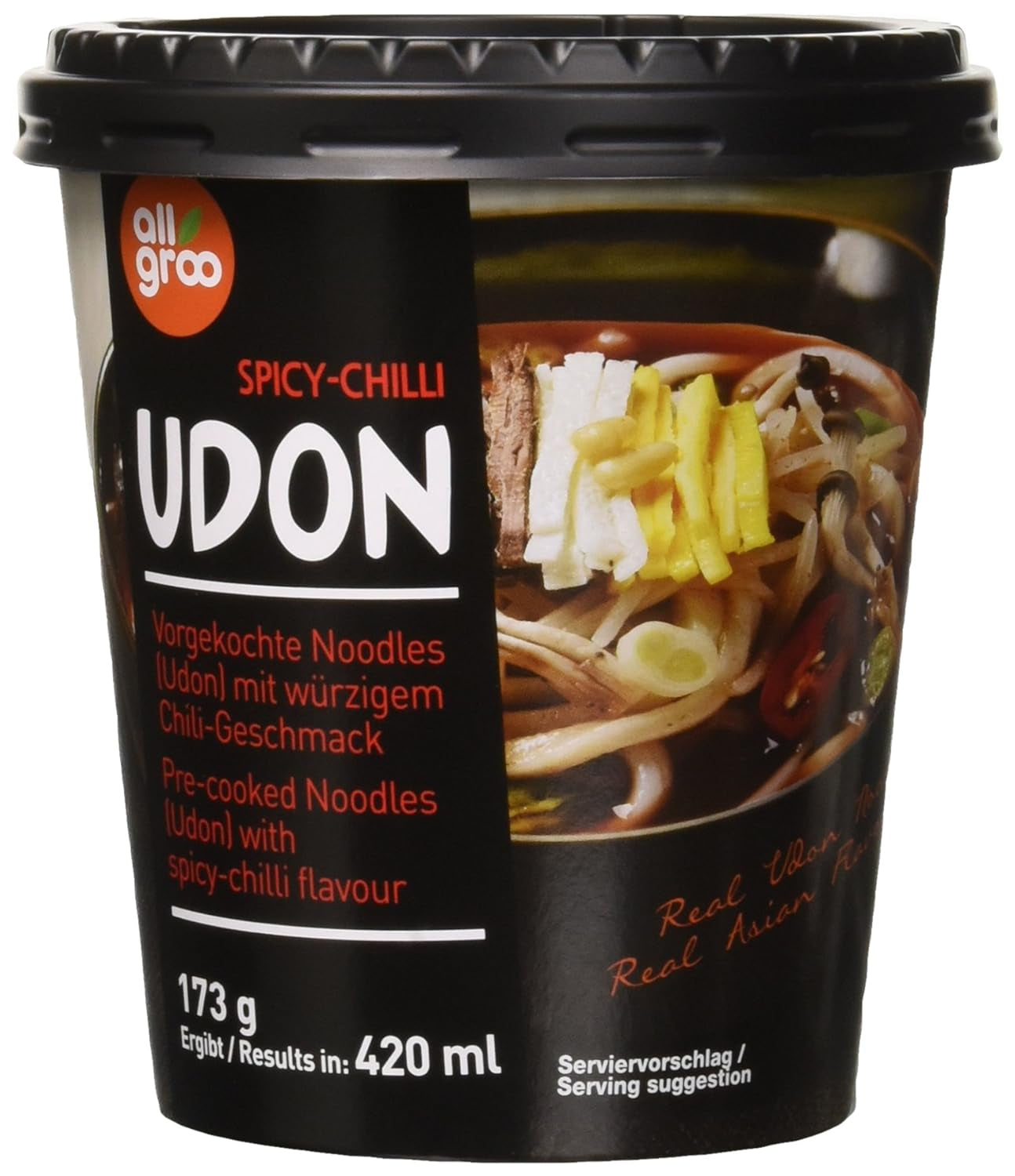Allgroo Udon Cup Noodles Istantanei - Zuppa Udon Saporita e Piccante ai Frutti di Mare - Preparazione Rapida (1 x 173g)