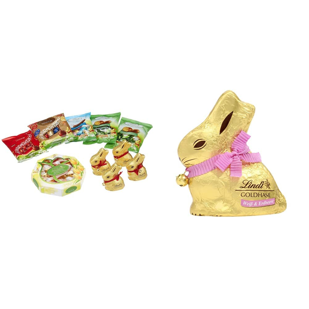 Set pasquale al cioccolato | 894 g | Contenuto: coniglietti dorati e coniglietti dorati di cioccolato | Coniglietti dorati da 100 g | Cioccolato bianco premium con pezzetti di fragola a forma di coniglietto per Pasqua