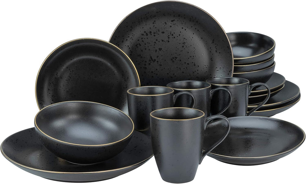 CreaTable, 22699, seria Industrial Gold BLACK, set de veselă cu 16 piese pentru 4 persoane, serviciu combinat din gresie, potrivit pentru mașina de spălat vase și cuptorul cu microunde, producție de calitate