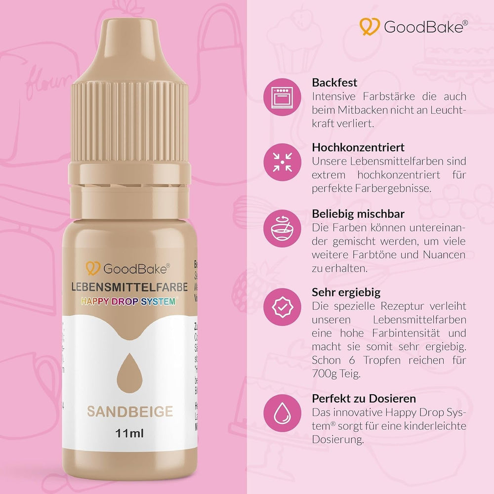Colorant alimentar Goodbake Pastel Sand Beige (11 ml) – Colorant alimentar cu doză mare – Pentru colorarea prăjiturilor, fondantului, cremei de unt, macarons-urilor, băuturilor, slime-ului și multor altor obiecte. 100% vegan