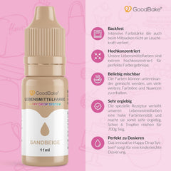 Colorant alimentar Goodbake Pastel Sand Beige (11 ml) – Colorant alimentar cu doză mare – Pentru colorarea prăjiturilor, fondantului, cremei de unt, macarons-urilor, băuturilor, slime-ului și multor altor obiecte. 100% vegan