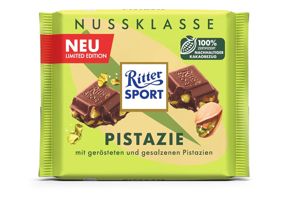 Ritter Sport Pistacchio, cioccolato al latte con fini pezzetti di pistacchio, un classico del cioccolato, perfetto da spuntino e da gustare, un'ottima idea regalo, 12 barrette x 100g
