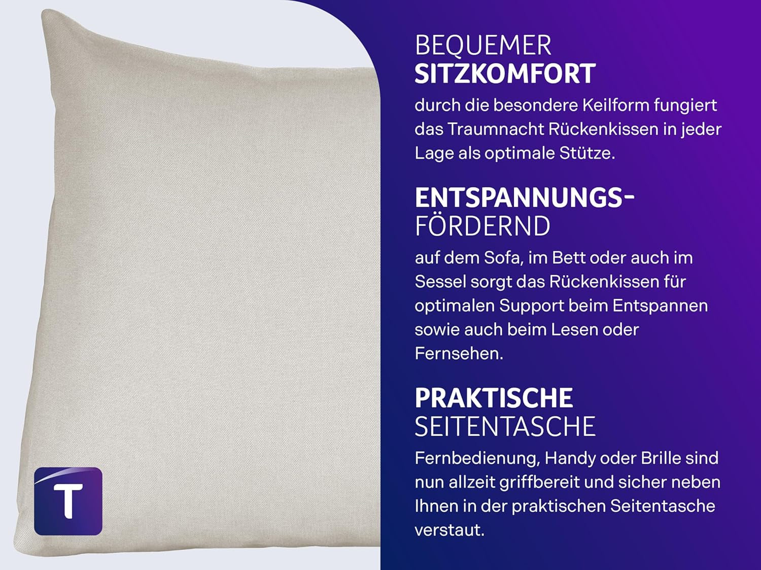 Pernă confortabilă Traumnacht Cozy Back, pernă de citit, 70 x 40 cm bej, husă detașabilă și lavabilă din 100% poliester, buzunar lateral practic, certificată Oeko-Tex, produsă conform standardelor germane de calitate
