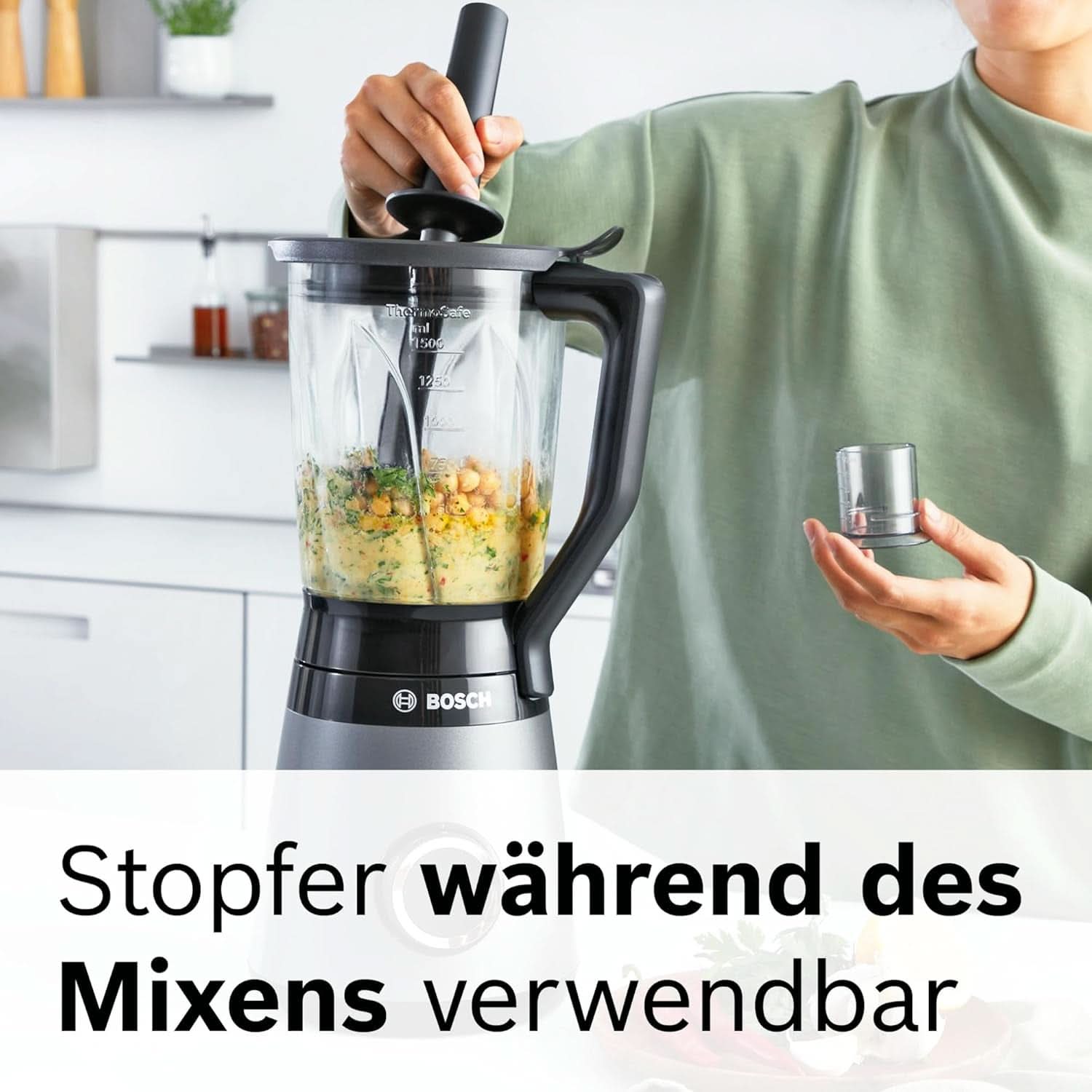 Robot da cucina Bosch Vitapower Serie 4 MMB6174SN, Verbesserte Version, Hochwertige Edelstahl-Klingen, 1.5L Glass Behälter, 0.6L To-Go-Flasche, Spülmaschinenfeste Teile, 30.000 U/Min, 1200 W, Argento Kitchen Naty Shop