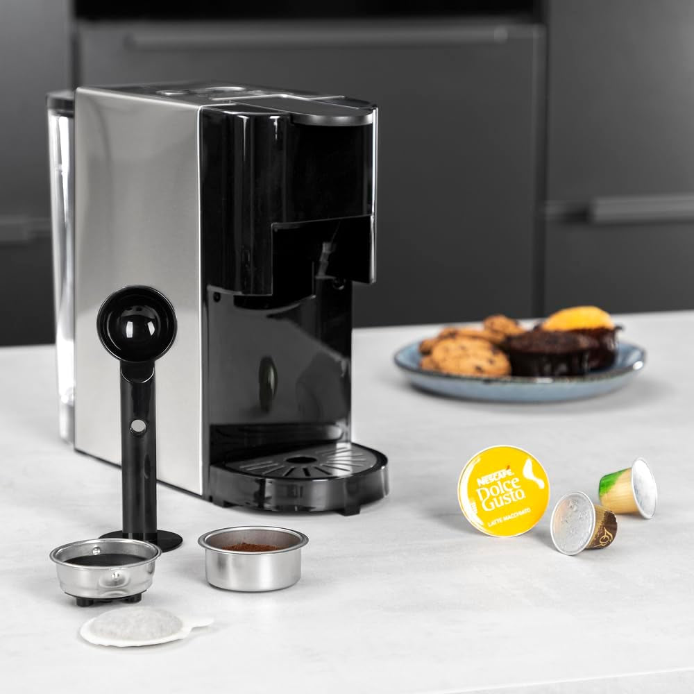 Espressor multicapsule Princess 4 în 1 – 1450 wați, capsule, păstăi, cafea măcinată, fără BPA, 249450, 01.249450.01.001, negru, argintiu