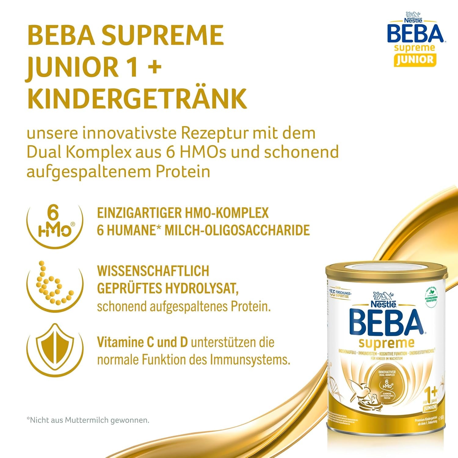 BEBA SUPREME JUNIOR 1 Plus - Bevanda per bambini da 1 anno, con complesso 6 HMO, senza lattosio, senza olio di palma, senza olio di pesce, alimenti per bambini piccoli, latte in polvere per neonati, confezione da 6 (6 x 800 g)