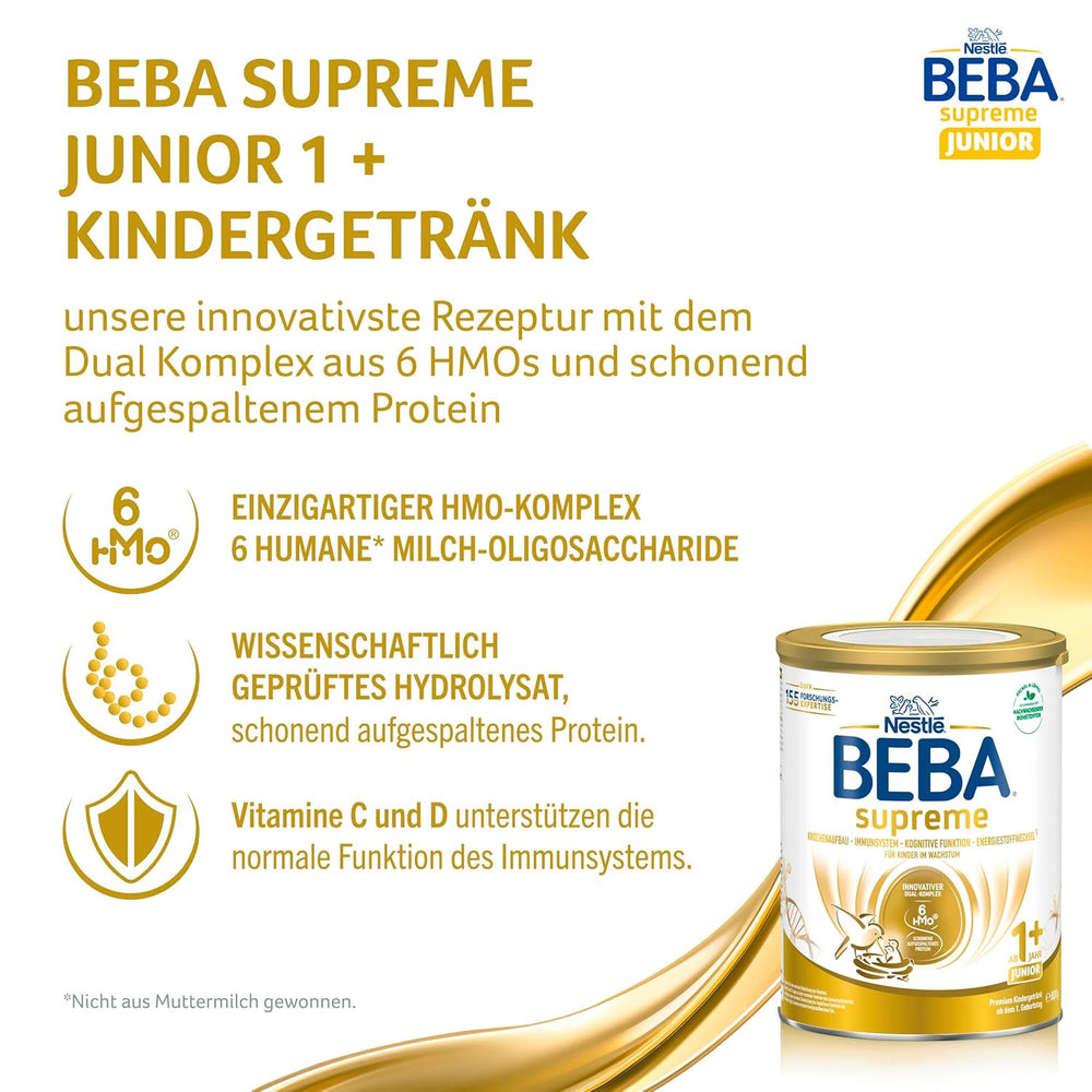 BEBA SUPREME JUNIOR 1 Plus - Bevanda per bambini da 1 anno, con complesso 6 HMO, senza lattosio, senza olio di palma, senza olio di pesce, alimenti per bambini piccoli, latte in polvere per neonati, confezione da 6 (6 x 800 g)