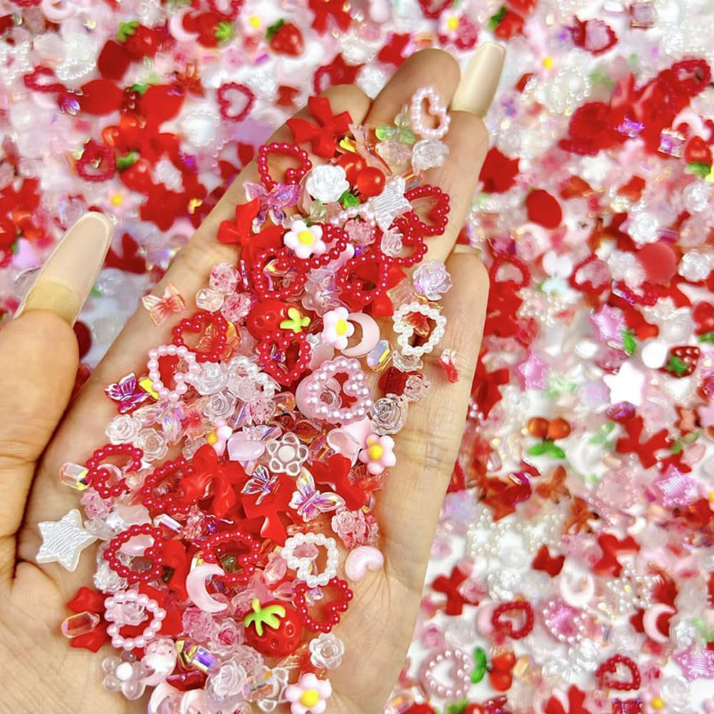 100Pcs 3D Nail Charms Rosa Rot Kirsche Erdbeere Blume Nagel Charms Kamelie Rose Schmetterling Nail Art Charms Flatback Herz Schleife Charms Nägel Zubehör Mond Stern Nagelschmuck Nageldesign Anhänger