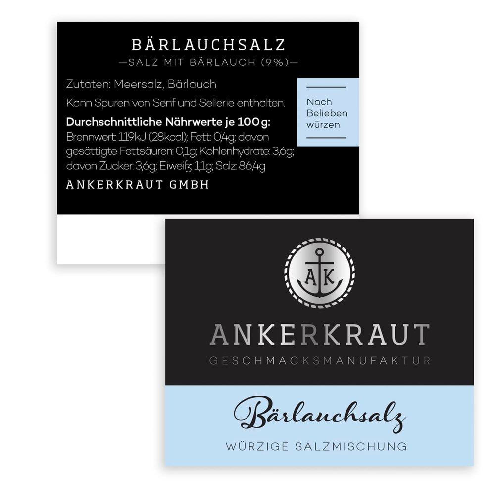 Ankerkraut Bärlauch Salz, Lecker Fleisch und Salat Verfeinern, Gesmack Aroma tipo Knoblauch, Kräuter mit Gewürz zum Kochen, 110 g im Corkenglas