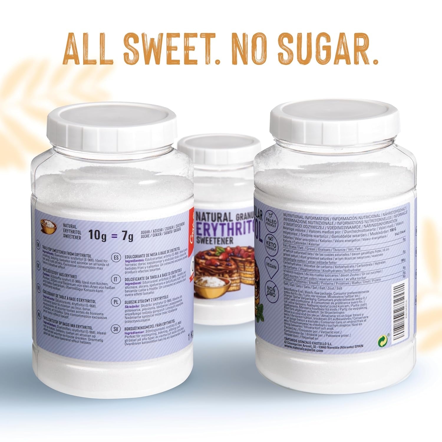 Natürliches Erythrit - Zucca di cristallo | 10G = 7GZucker | Natürlicher Zuckerersatz - 0 Kalorien - 0 Glykämischer Index - Keto Und Paleo - 0 Netto-Kohlenoidrato - Kein GVO - Castello since 1907-1Kg Dolcificanti Naty Shop