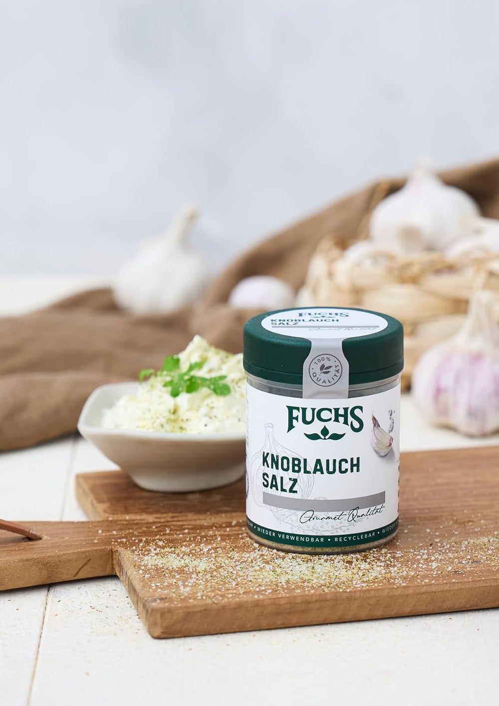 Fuchs Gewürze - Knoblauchsalz - Gewürzsalz für Dips, Saucen und Gemüse - ingredienti naturali - 90 g in wiederverwendbarer, recyclebarer Dose