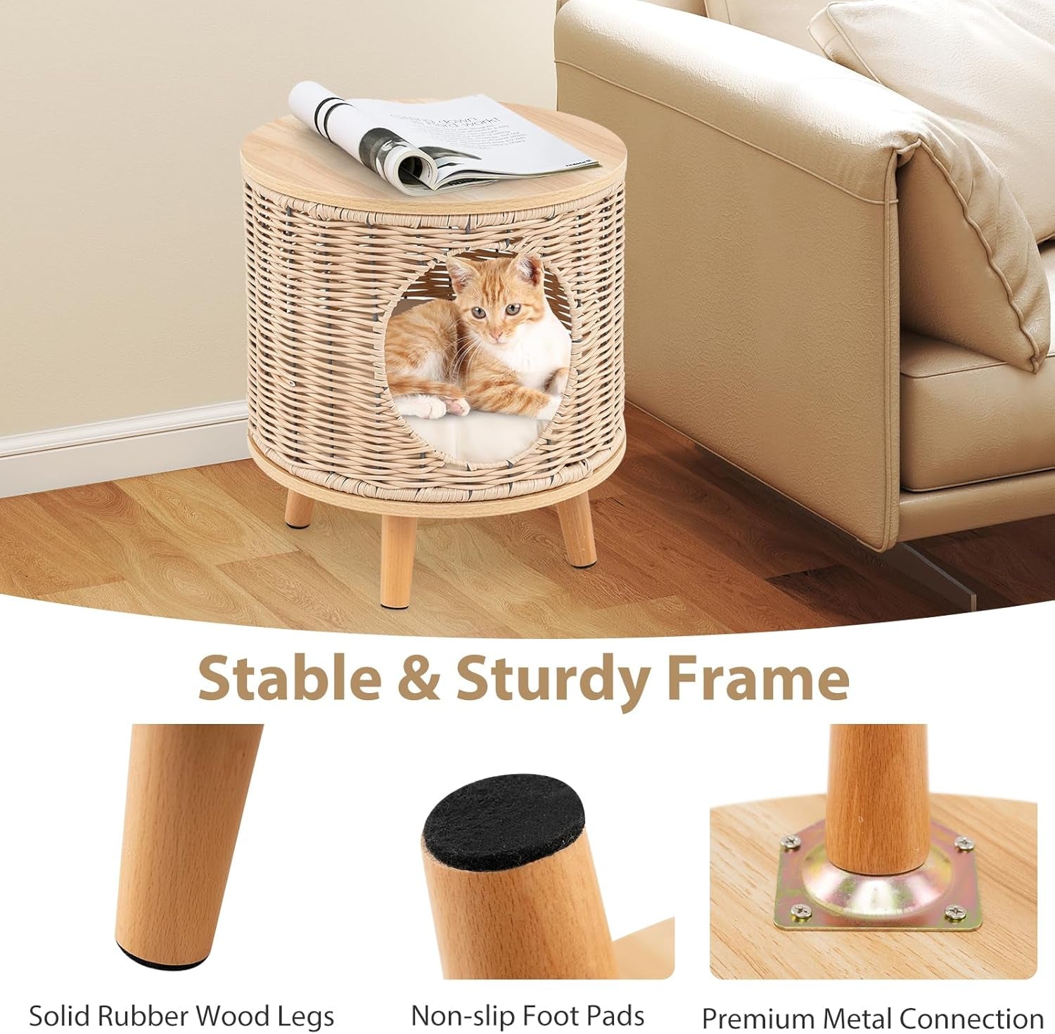 Katzenhaus Rattan, Katzenmöbel mit Holzbeinen & weichem Kissen, 3 in 1 Katzenhöhle Fußhocker Nachttisch, Katzenbett stabil bis 30 kg für Wohnzimmer Schlafzimmer