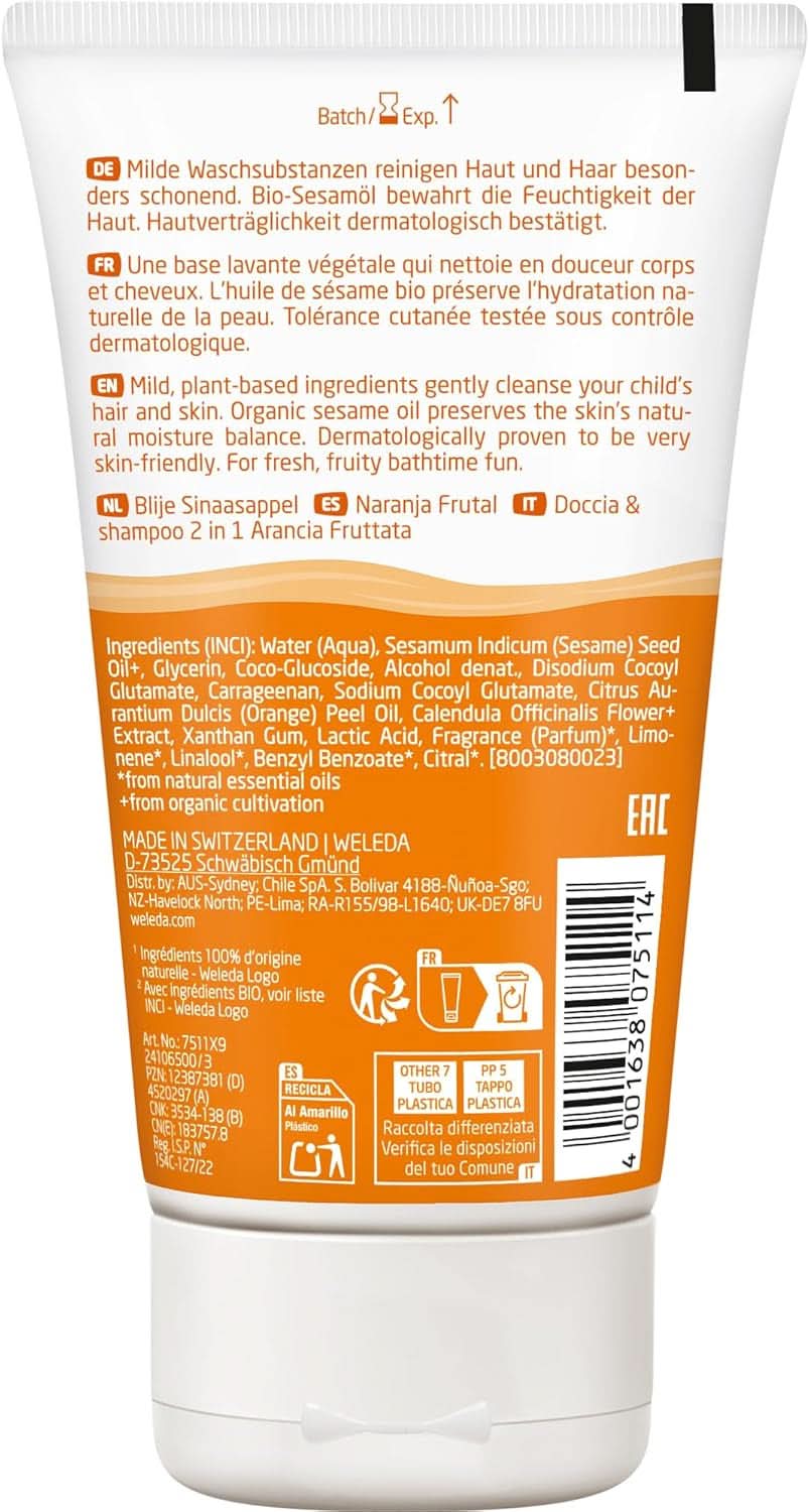 WELEDA Bio Kids Shampoo e gel doccia 2 in 1, arancione, adatto a bambini a partire dai tre anni (1 x 150 ml) Mamma e bambino Naty Shop