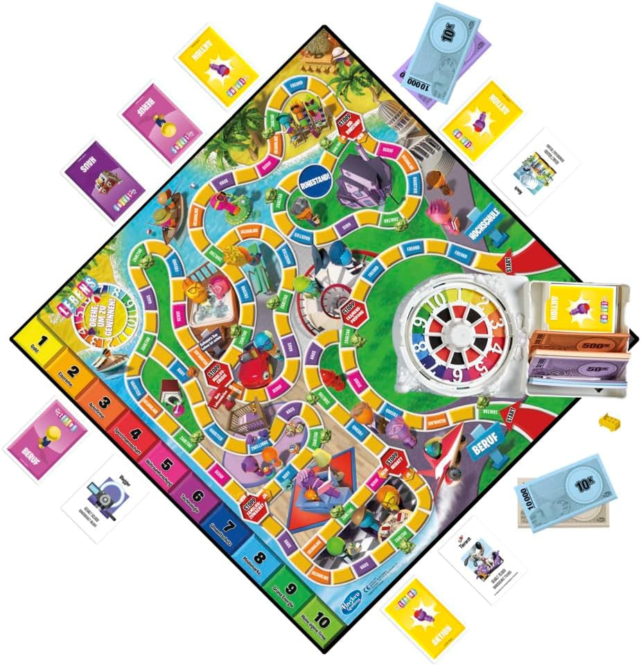 Gioco da tavolo per famiglie Hasbro Game of Life per 2-4 giocatori dagli 8 anni in su, include pastelli