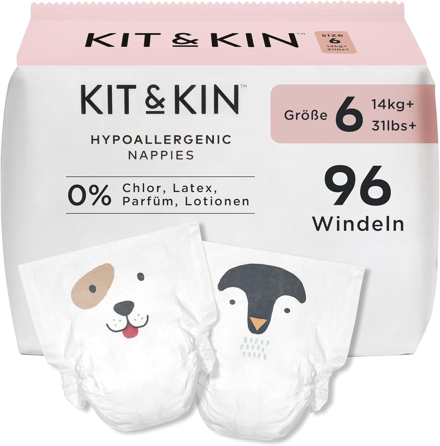 Pannolini Kit & Kin Premium, taglia 4 (9-14 kg), 128 pezzi, a base vegetale e ipoallergenici, protezione affidabile dalle perdite, vegani e cruelty free