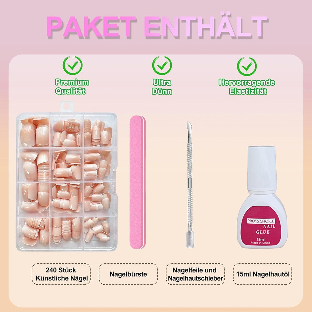 Set unghii false - 240 bucăți unghii scurte și pătrate, model gel moale, gradient alb nud, unghii false artificiale naturale pentru lipire, pentru femei DIY (gradient nud, 240X)
