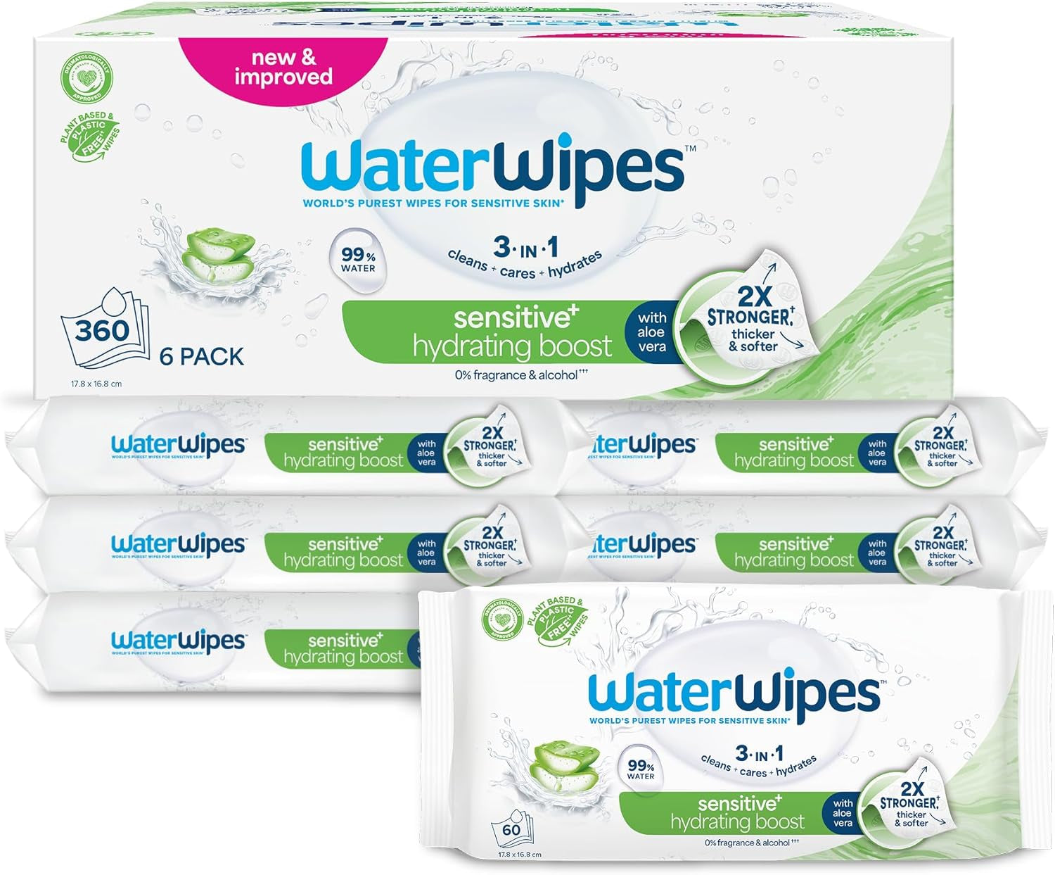 Salviette umidificate WaterWipes Sensitive+ Hydrating Boost, salviette idratanti, 360 pezzi (confezione da 6), 3 in 1 per pulire, curare, idratare, acqua di aloe vera al 99%, salviette per neonati senza profumazione