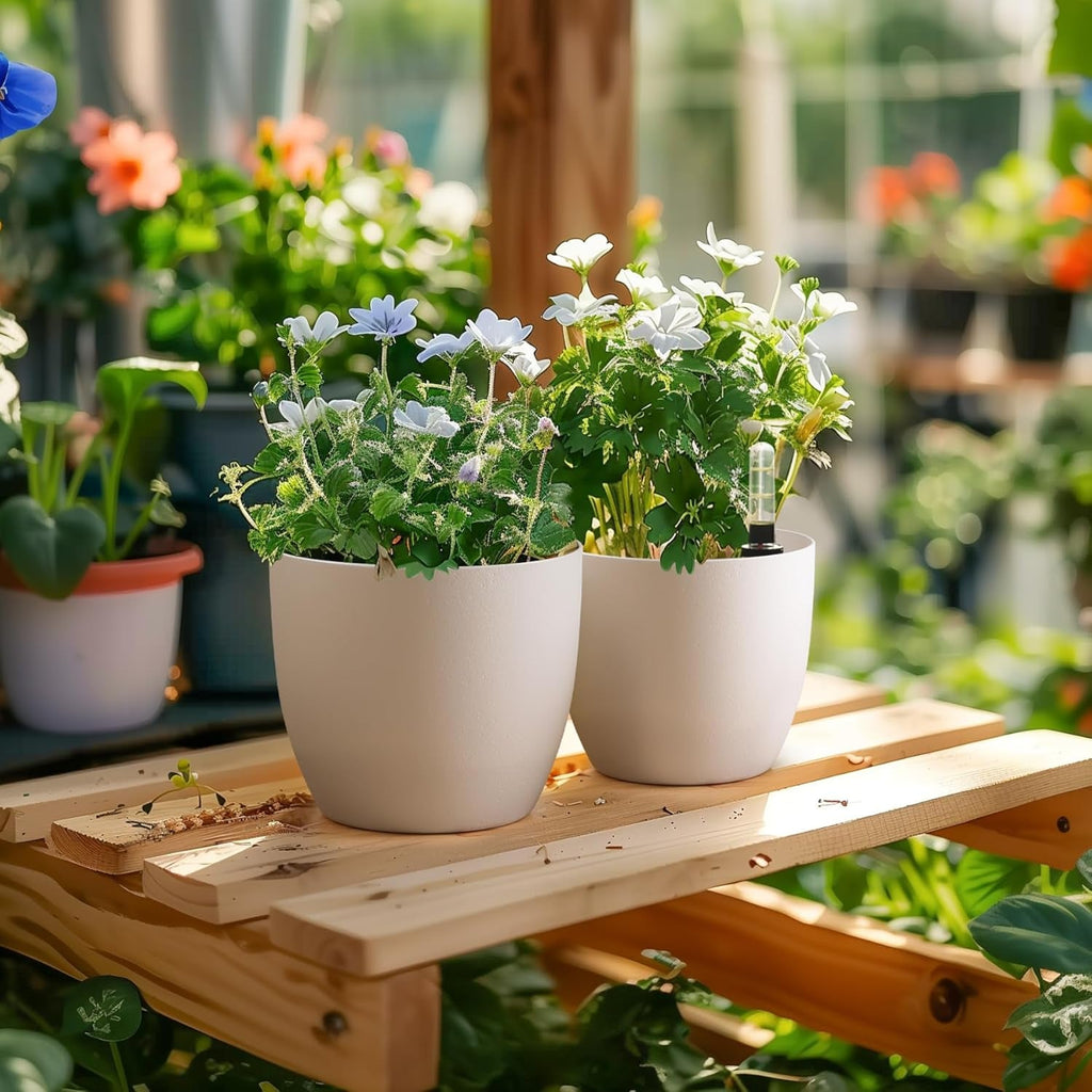 Ghiveci de flori T4U de 15 cm cu auto-udare și indicator de apă, alb, set de 4 ghivece, rezervor de apă cu auto-udare, pentru interior și exterior