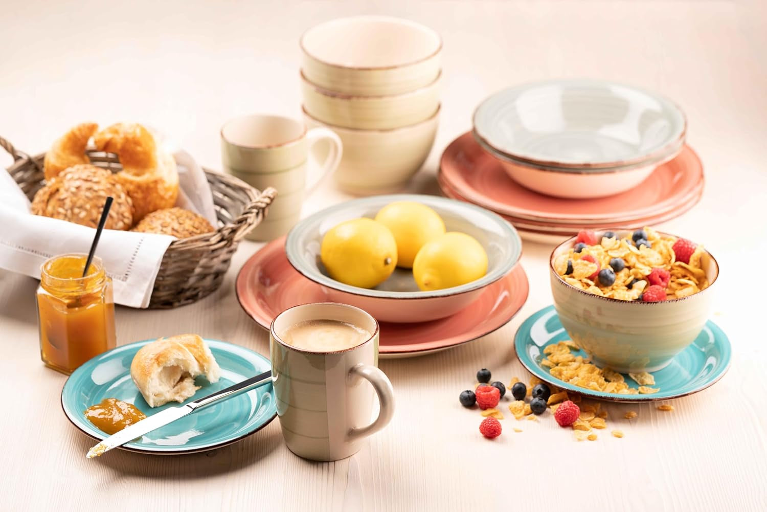 MÄSER 931612 Bel Tempo II set de veselă vintage pentru 6 persoane, 30 de piese, serviciu combinat din ceramică pictată manual în albastru, gresie, albastru fumuriu