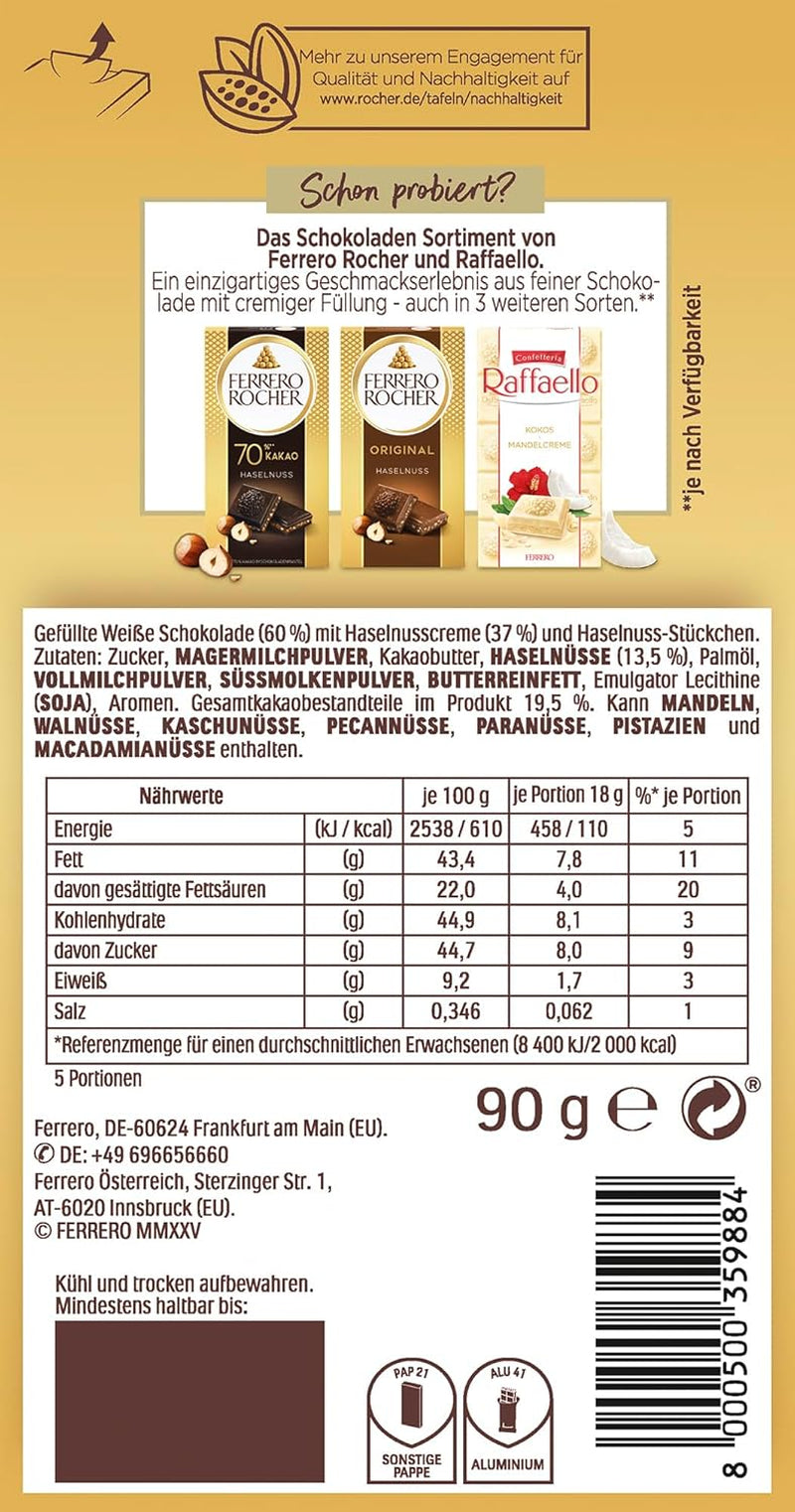Tavoletta Ferrero Rocher - Cioccolato Bianco con Nocciola - Regalo di San Valentino per Lui e per Lei - 1 Tavoletta di Cioccolato x 90g