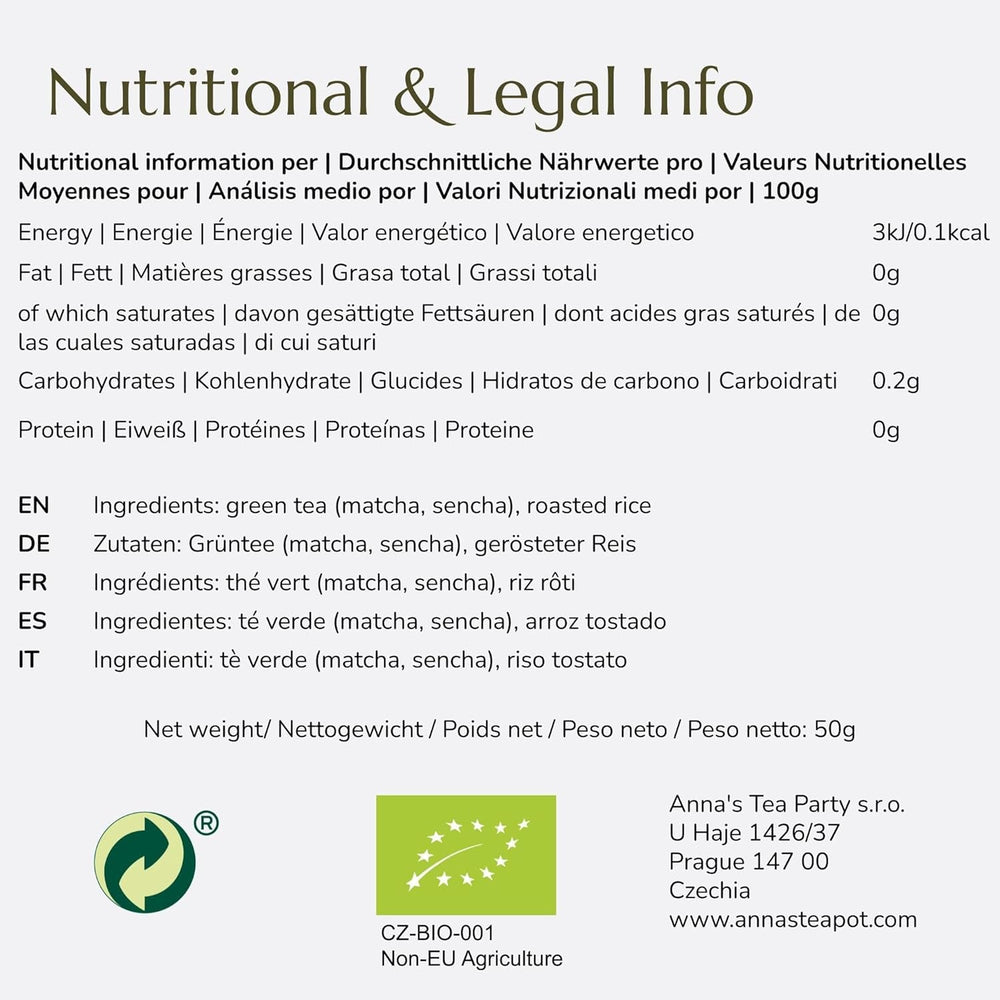 Ceai verde organic Genmaicha Anna'S Teapot - Ceai verde japonez în pliculețe cu orez brun prăjit și Matcha - 20 pliculețe piramidale în pungă resigilabilă