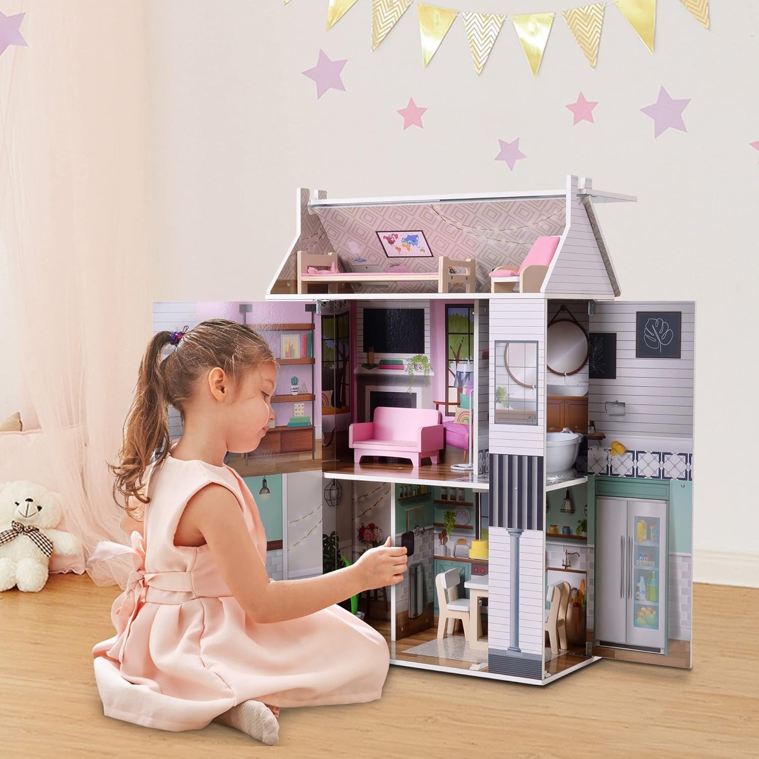 Olivia'S Little World Dreamland Farmhouse Casa delle bambole interattiva in legno per bambini 3 piani con 13 accessori per mobili per bambole Bianco TD-13632A Case delle bambole Naty Shop