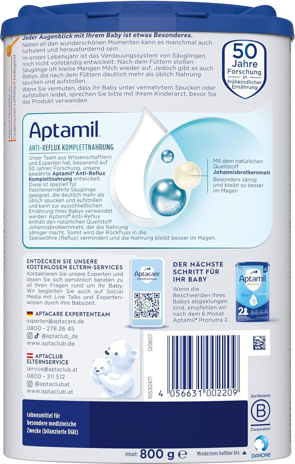 Aptamil Anti-Reflusso - Formula completa dalla nascita Gestione alimentare Vomito e rigurgito Alimenti per bambini Latte in polvere 1 x 800 g