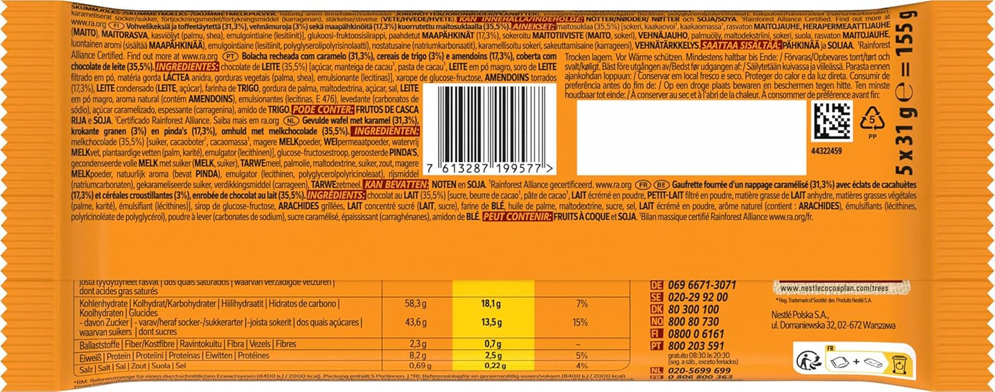 Tavoletta di cioccolato alle arachidi ricoperta di cioccolato al latte, delizioso ripieno al caramello, arachidi e wafer croccante, confezione di caramelle sfuse, 1 confezione (5 x 31 g)